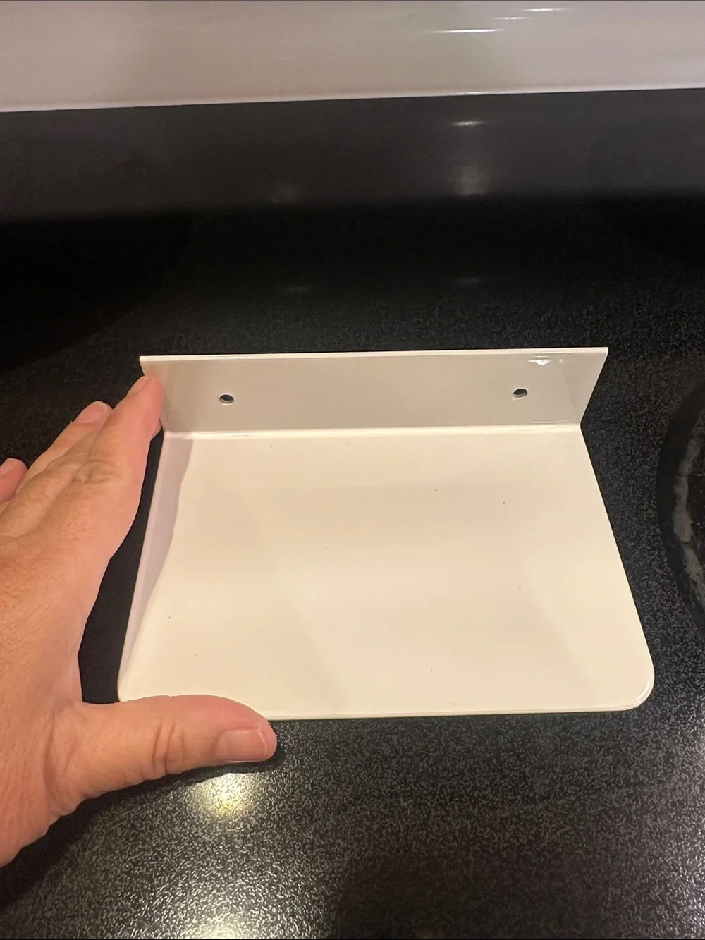 White reversible powder coated Bathroom Shelf Mount Bracket for flushable wipes